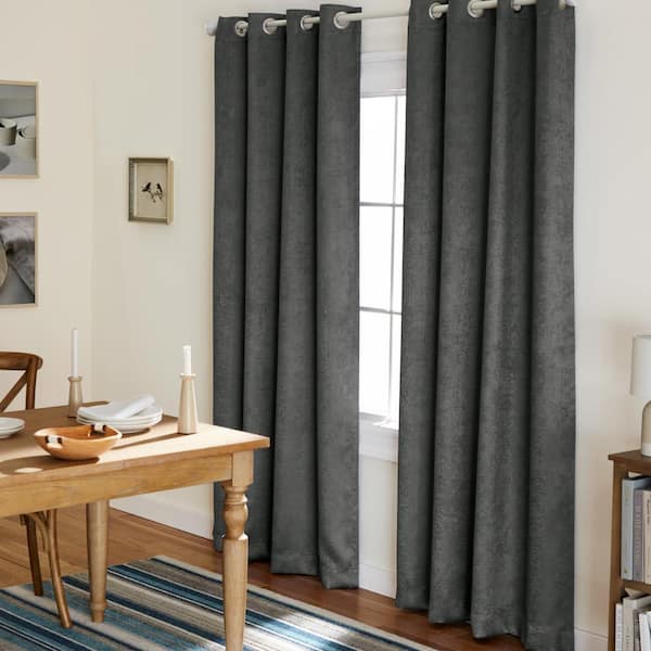 EXCLUSIVE HOME Lustre Charcoal Solid Woven Room Darkening Grommet Top Curtain, 52 in. W x 96 in. L (Set of 2)
