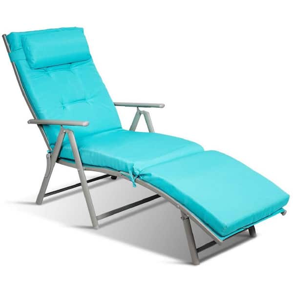Unbranded 70 in. L Metal Folding Outdoor Chaise Lounge with Blue Cushions