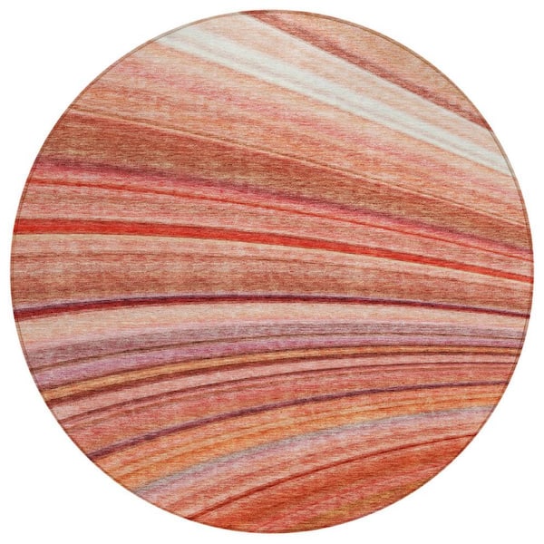 Terra Cotta, Salmon, Orange 8 Round ft. Woven Striped Polyester Round Indoor / Outdoor Area Rug