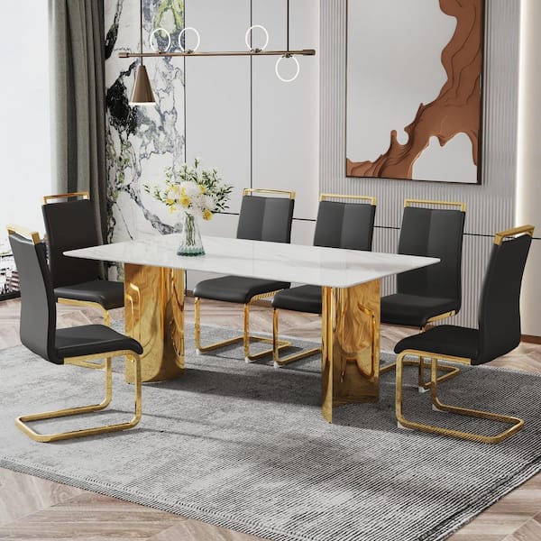 White/Gold Imitation Marble Glass Sticker Top 71 in. Double Pedestal Dining Table Seats for 6