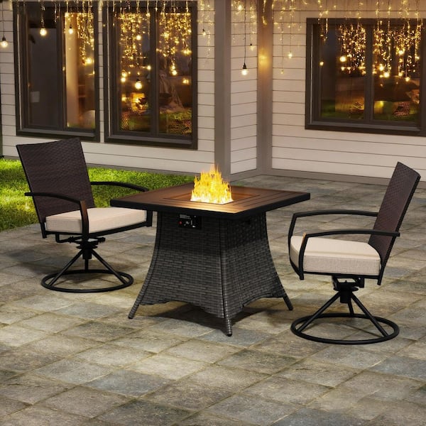 Gardenbee 3-Piece Outdoor Rattan Swivel Chair Fire Pit Set with