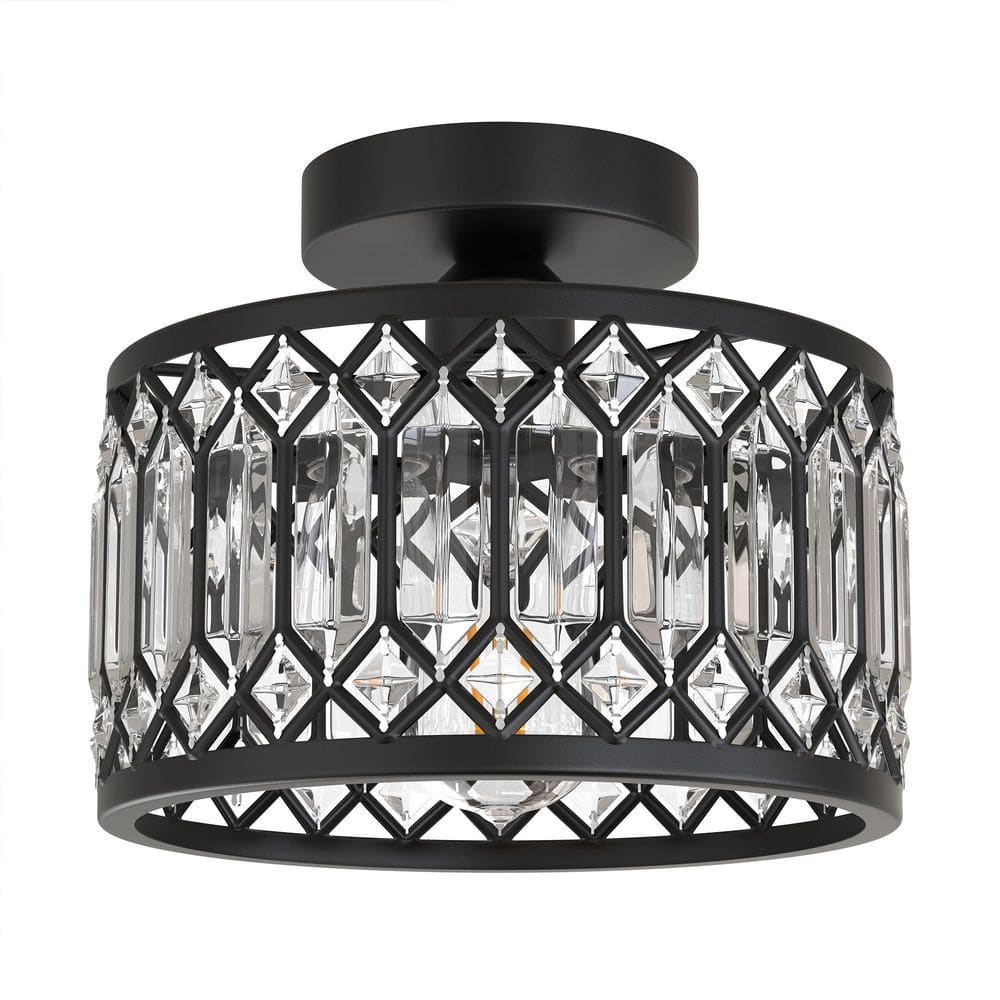9 in. 1-Light Black Crystal Drum Ceiling Light, Round Modern Semi Flush Mount Ceiling Lighting Fixture price history on PriceWatchPro