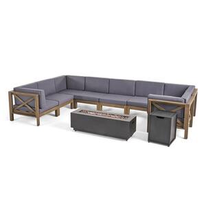 Thasos Grey 10-Piece Wood Patio Fire Pit Sectional Seating Set with Dark Grey Cushions