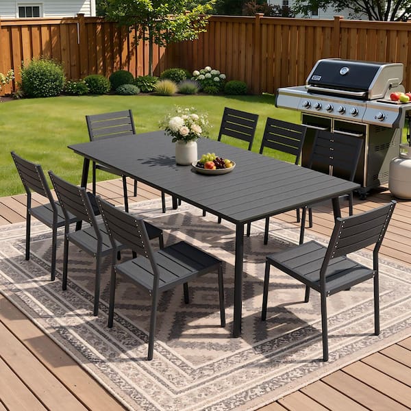 9 piece patio set with umbrella Viclla 9-Piece Outdoor Dining Set, 60” Round Metal Table Hole & Solana Swivel Chair, Walnut Wood Grain Ideal for family dinners 9 Piece Patio Dining Set