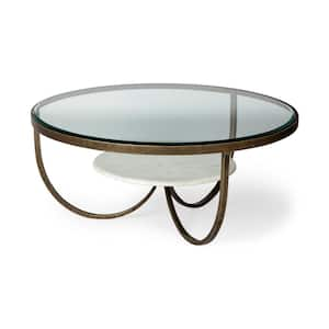 Reinhardt I Antique Gold/Clear/White Round Tempered Glass Coffee Table with Shelf