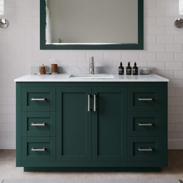 Wyndham Collection Miranda 54 in. W x 22 in. D x 33.75 in. H Single Sink Bath Vanity in Green with White Carrara Marble Top and Mirror