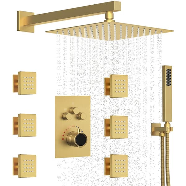 YAWWALK Thermostatic 7-Spray 12 in. Wall Mount Dual Shower Head and Handheld Shower in Brushed Gold (Valve Included)