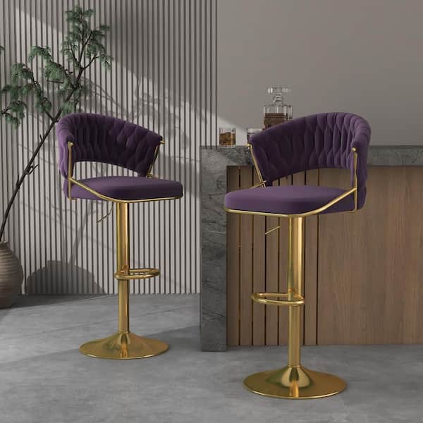 42.14" Purple Low Back Gold Metal Frame Adjustable Swivel Bar Stool with Velvet Seat (Set of 2)