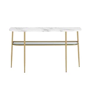 52 in. Calacatta Marble/Gold Rounded Wood-Top Console Table with Glass Shelf
