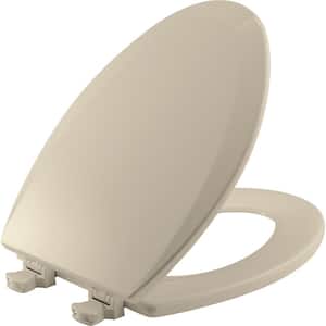 Elongated Enameled Wood Closed Front Toilet Seat in Almond Removes for Easy Cleaning