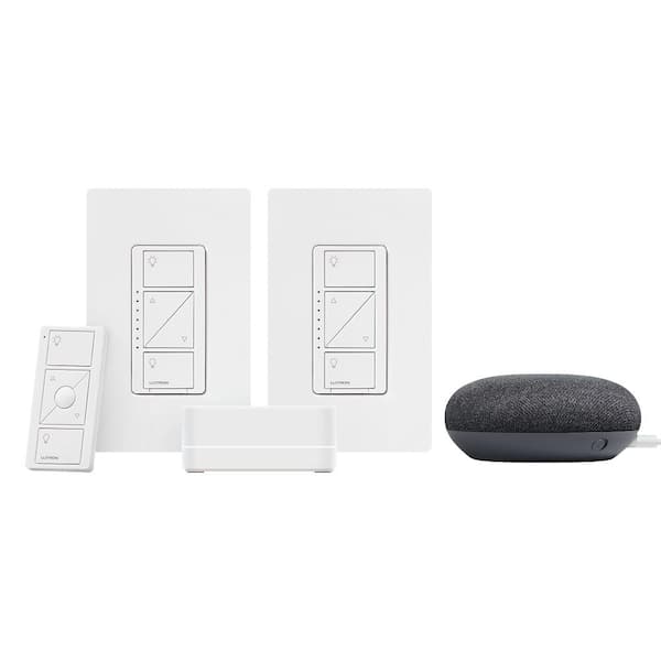 Lutron Caseta Smart Lighting Start Kit with Pico Remote, 2-Dimmer Switches, and Google Home Mini, Charcoal (CASETA-2DIM-GMCHCL)