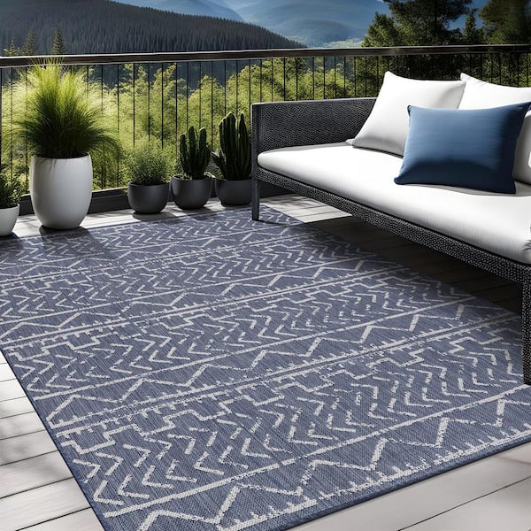 6 X 9 Blue White Waikiki Modern Trellis Indoor Outdoor Area Rug