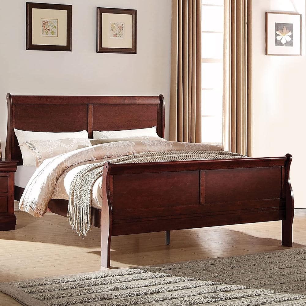 Cherry Twin Sleigh Bed with Wood Frame and Headboard