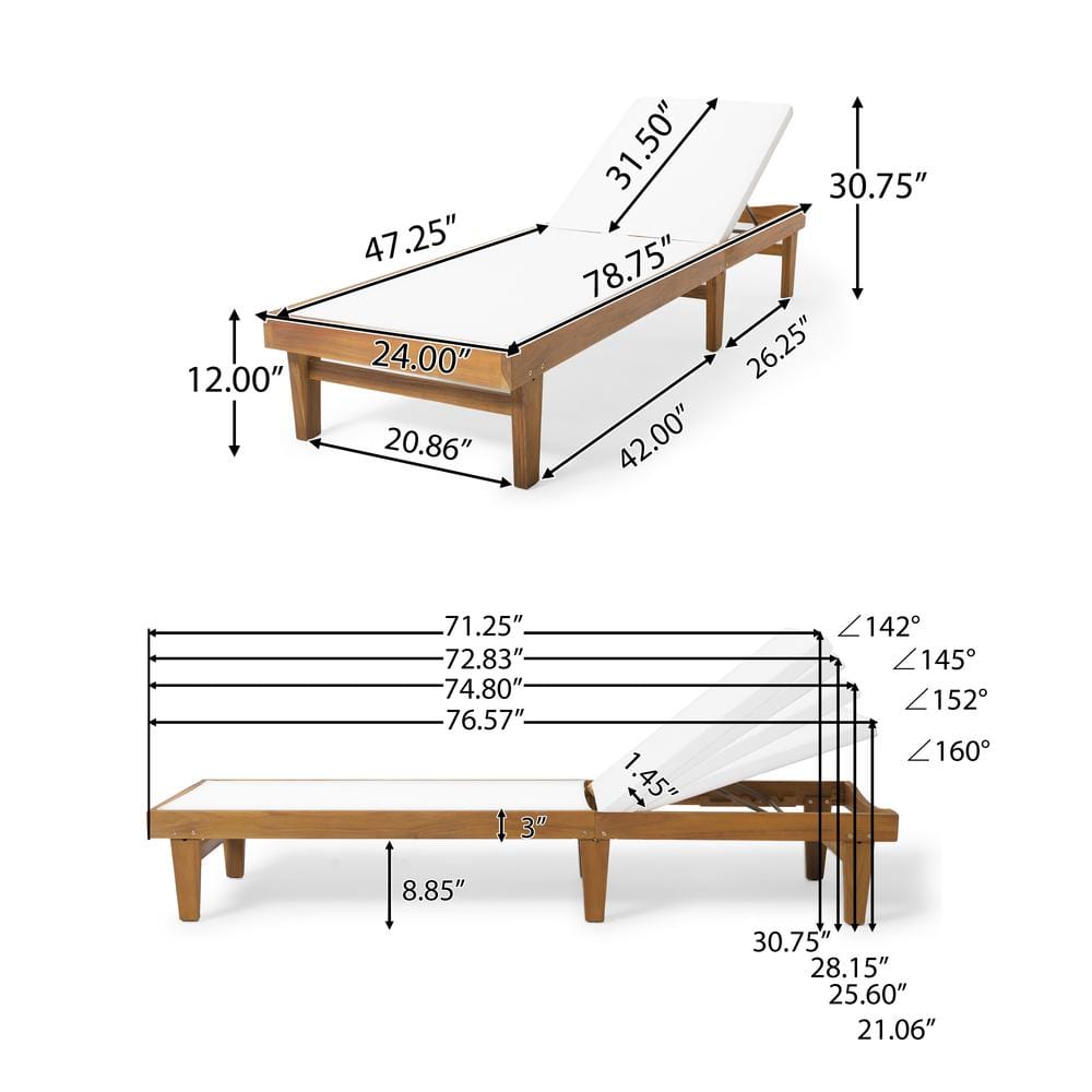 Teak and White Mesh Armless Adjustable Outdoor Chaise Lounges, Set of 2