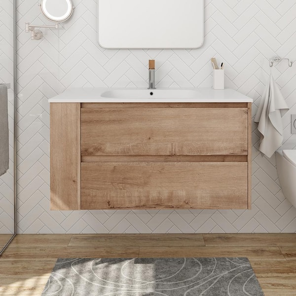 Staykiwi 36 in. W x 18 in. D x 19 in. H Floating Bathroom Vanity in Imitative Oak with White Top and Acrylic Sink