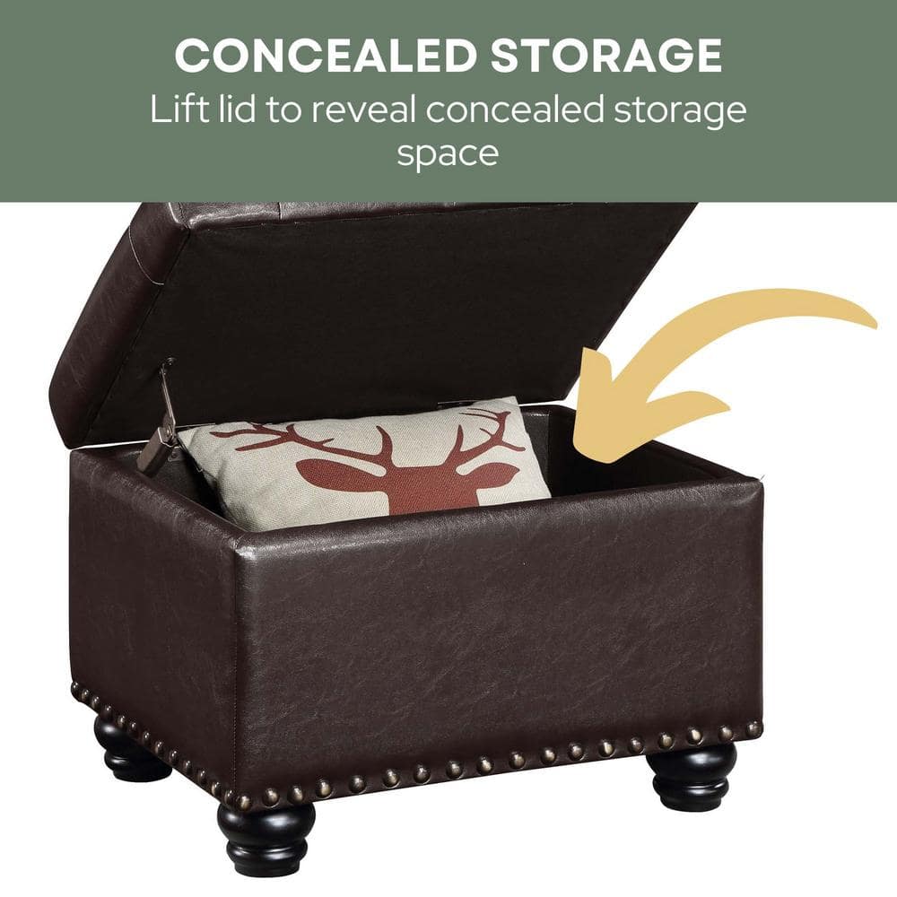 Espresso Faux Leather Tufted Storage Ottoman with Nailhead Trim
