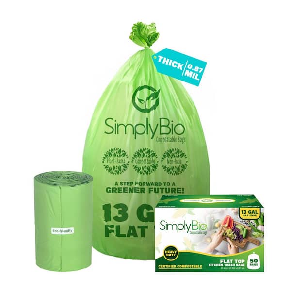 13 Gal. Compostable Trash Bags with Flat Top, Eco-Friendly, Heavy-Duty (50-Count)
