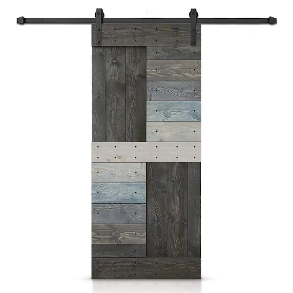CALHOME 42 in. x 84 in. Muticolor Gray Stained DIY Knotty Pine Wood Interior Sliding Barn Door with Hardware Kit