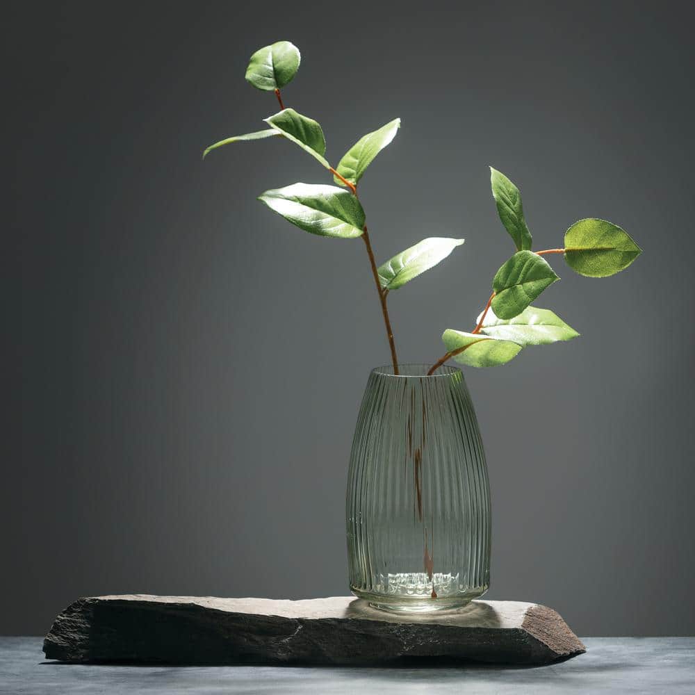Green Ribbed Glass Vase for Table Centerpieces