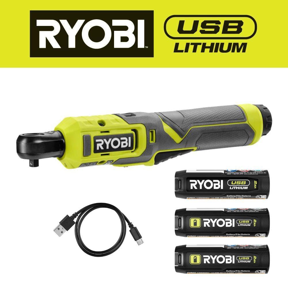 RYOBI USB Lithium 1/4 in. Ratchet Kit with 2.0 Ah Battery, Charging ...