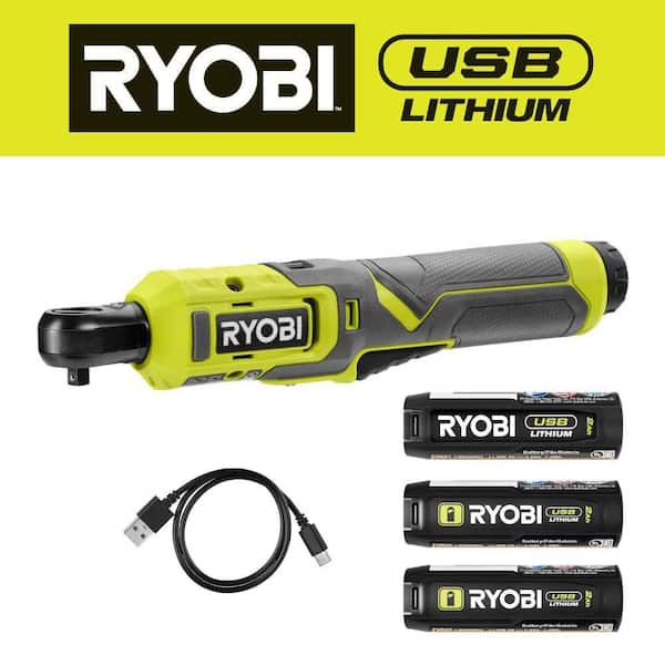 RYOBI USB Lithium 1/4 in. Ratchet Kit with 2.0 Ah Battery, Charging Cable, and USB Lithium 2.0 Ah Batteries (2-Pack)