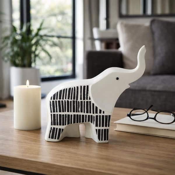 Black 7 in. x 7 in. Stoneware Elephant with Trunk Up Figurine