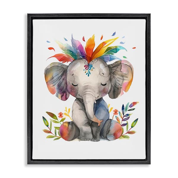 Stupell Industries Rainbow Blooms Elephant by LSR Design Studio Black Floater Frame Animal Graphic Art Print 31 in. x 25 in.