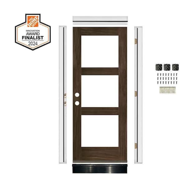 DIY 36 in. x 80 in. Modern Hemlock RightHand 3-Lite Clear Glass Black Stain Wood Front Doo Kit w/ Quick Assemble Jamb