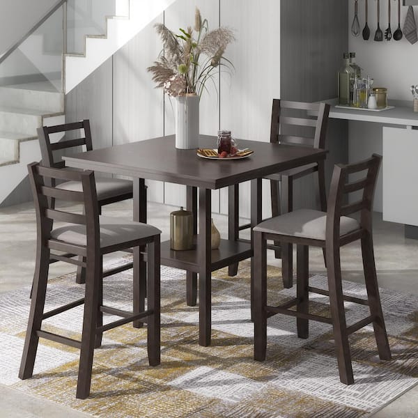 GODEER 5-Piece Square Wooden Top Espresso Dining Table Set with Padded Chairs and Storage Shelving