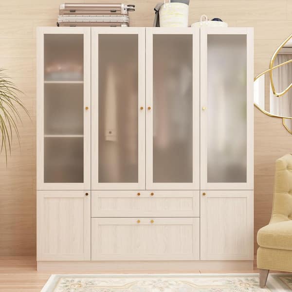Light Oak Wood 63 in. Bedroom Armoire with Frosted Glass Doors, Double Hanging Rods and 2-Large Storage Drawers