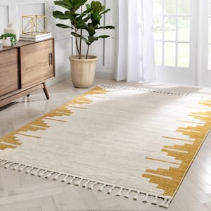 Serenity Carly Gold Nordic Solid and Striped 5 ft. 3 in. x 7 ft. 3 in. Distressed Area Rug