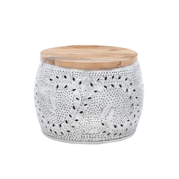 Linon Home Decor Aaliyah Silver Metal 22.5 in. Round 16 in. H Storage Drum Table with Mango Wood Top