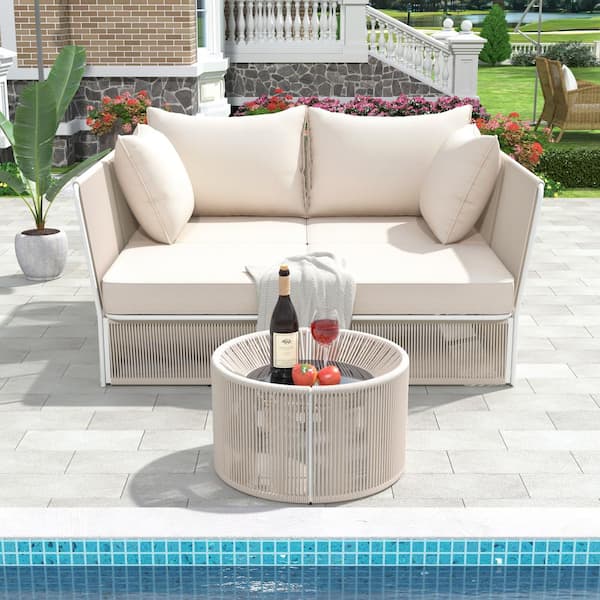 Sudzendf White Metal Outdoor Day Bed Chaise Lounger Loveseat with Beige Cushion and Clear Tempered Glass Table