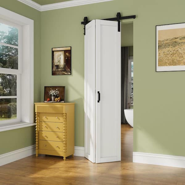 36 in. x 84 in. 1-Paneled White Primed Composite MDF Bifold Sliding Barn Door with Hardware Kit