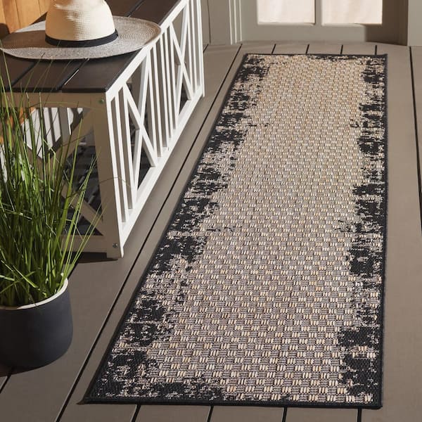 Beach House Black/Beige 2 ft. x 8 ft. Distressed Border Indoor/Outdoor Runner Rug