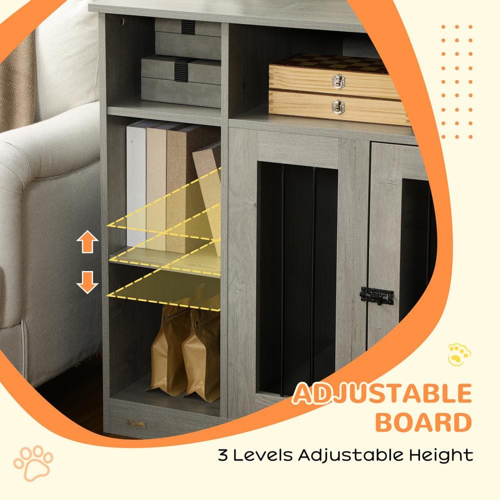 Gray Medium Wooden Dog Crate with Storage Shelves