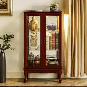 Retro Curio 3 Tier Lighted Diapaly Cabinet with Adjustable Shelves, Mirrored Back Panel and Tempered Glass Doors, Cherry