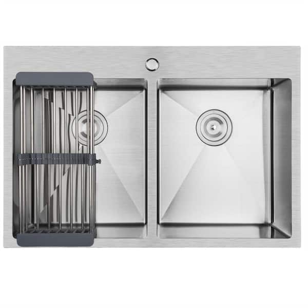 33 in. Drop-in Double Bowl Stainless Steel Kitchen Sink with Drying Rack