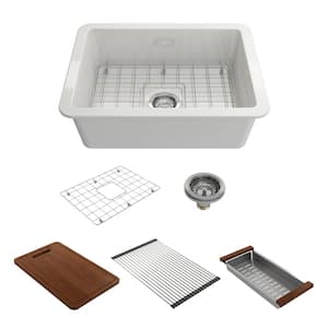 Sotto 24 in. Drop-In/Undermount Single Bowl White Fireclay Kitchen Sink Kit with Grid Strainer and Accessories
