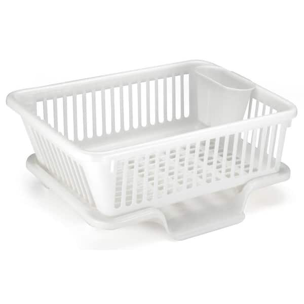 2-Piece Plastic Dish Drying Rack Set in White - Includes Large Dish Drainer, Attached Drainboard and Utensil Cup Holders