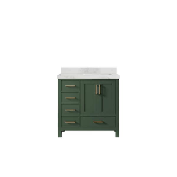 Willow Collections Malibu 36 in. W x 22 in. D x 36 in. H Right Offset Sink Bath Vanity in Lafayette Green with 2 in. Calacatta Nuvo Top