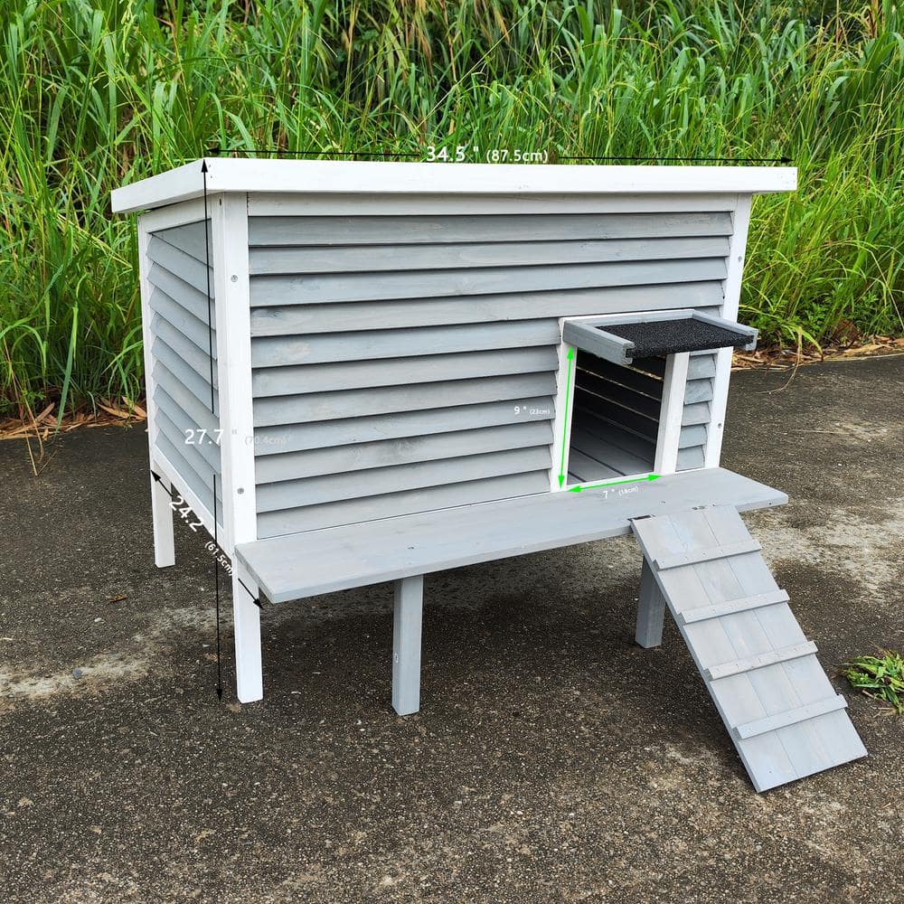 Gray and White Wooden Outdoor Cat House with Escape Door