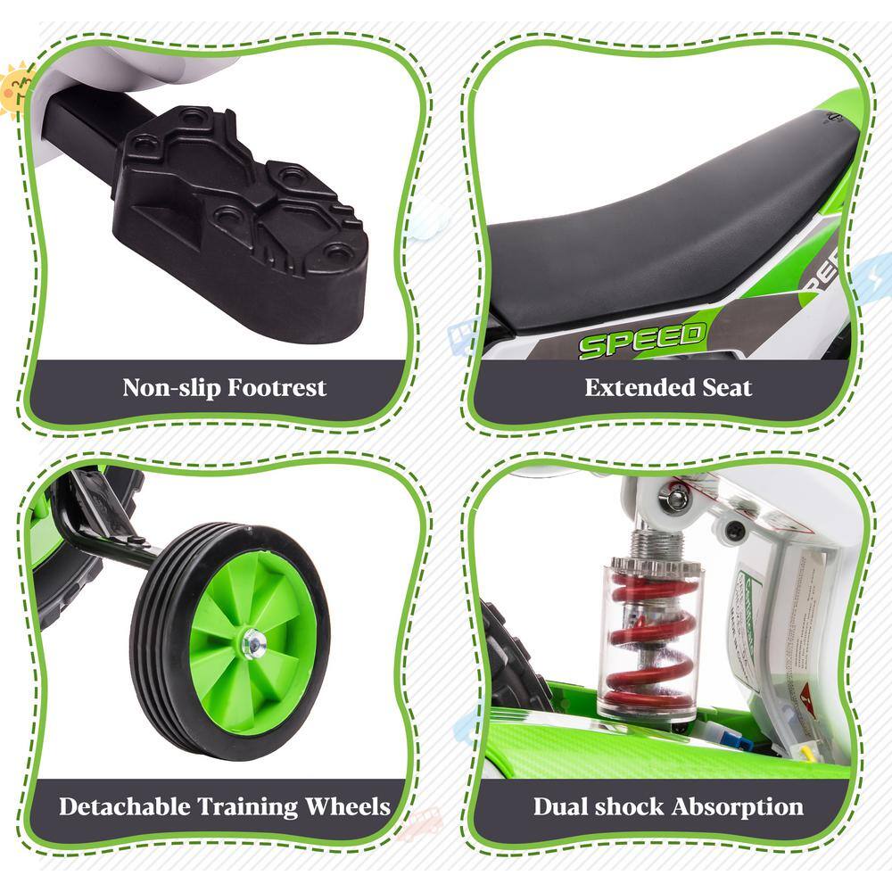 Green 12V Battery-Powered Kids Motorcycle with Training Wheels