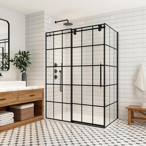 ROSWELL Puente 48 in. W x 78 in. H Rectangle Sliding Frameless Corner Shower Dooe Enclosure in Matte Black with Clear Glass