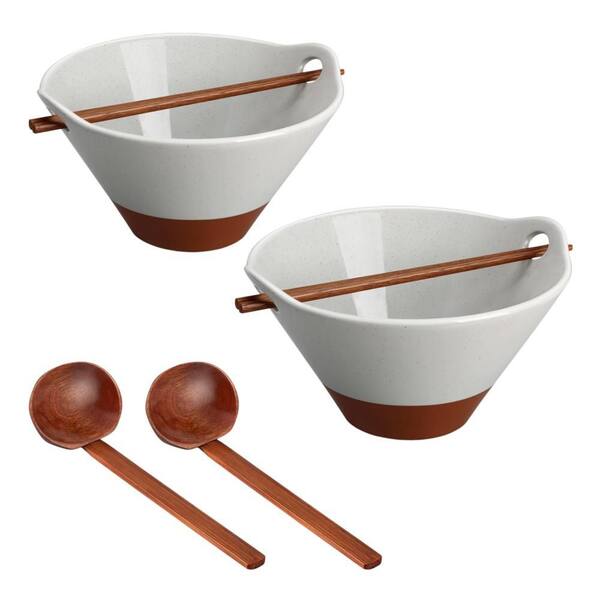 42 fl. oz. Gray Ceramic Soup Bowl with Wooden Spoon and Chopsticks for Ramen, Pho, Noodles, Ramen Bowls (Set of 2)