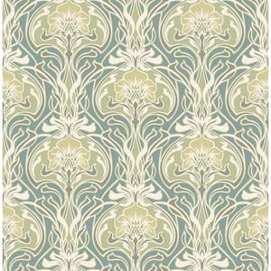 Mucha Teal Botanical Ogee Wallpaper Sample