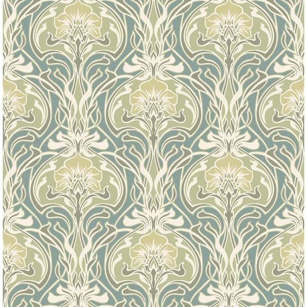 A-Street Prints Mucha Teal Botanical Ogee Wallpaper Sample