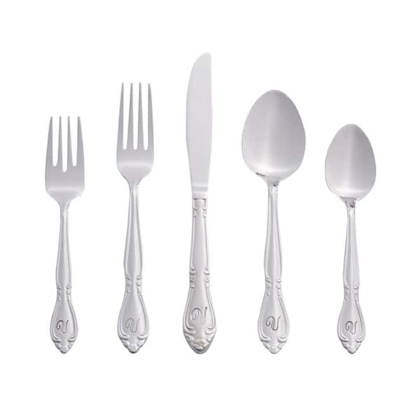 RiverRidge Home Rose Monogrammed Letter V 46-Piece Silver Stainless Steel Flatware Set (Service for 8)