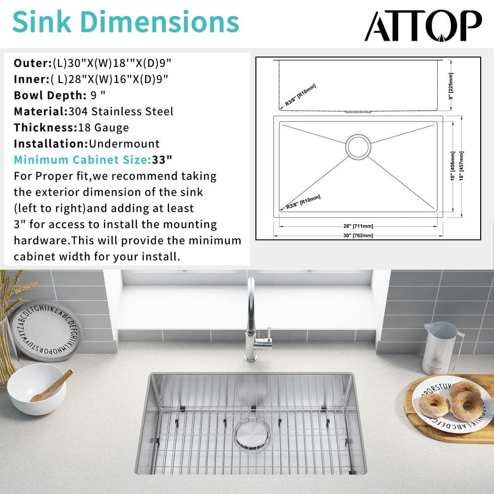 30 Inch Brushed Stainless Steel Undermount Single Bowl Kitchen Sink