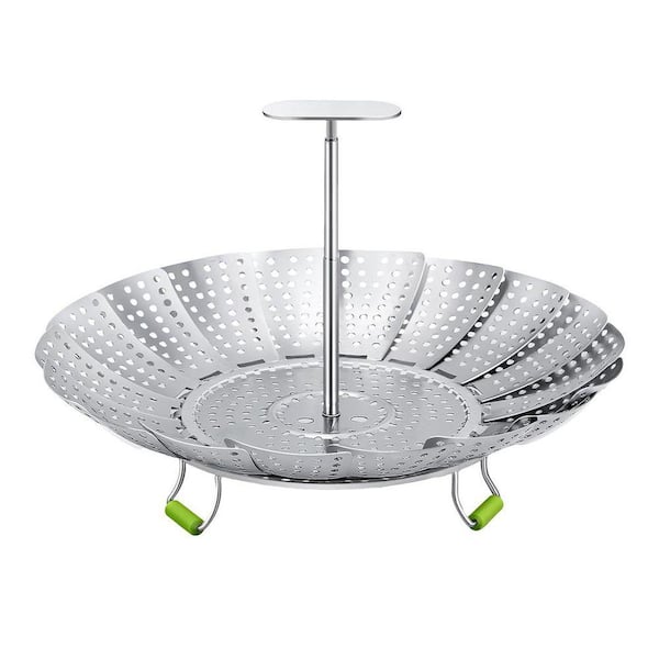 Stainless Steel Vegetable Steamer Basket Expandable with Silicone Feet and Extendable Handle Silver Kitchen Tool